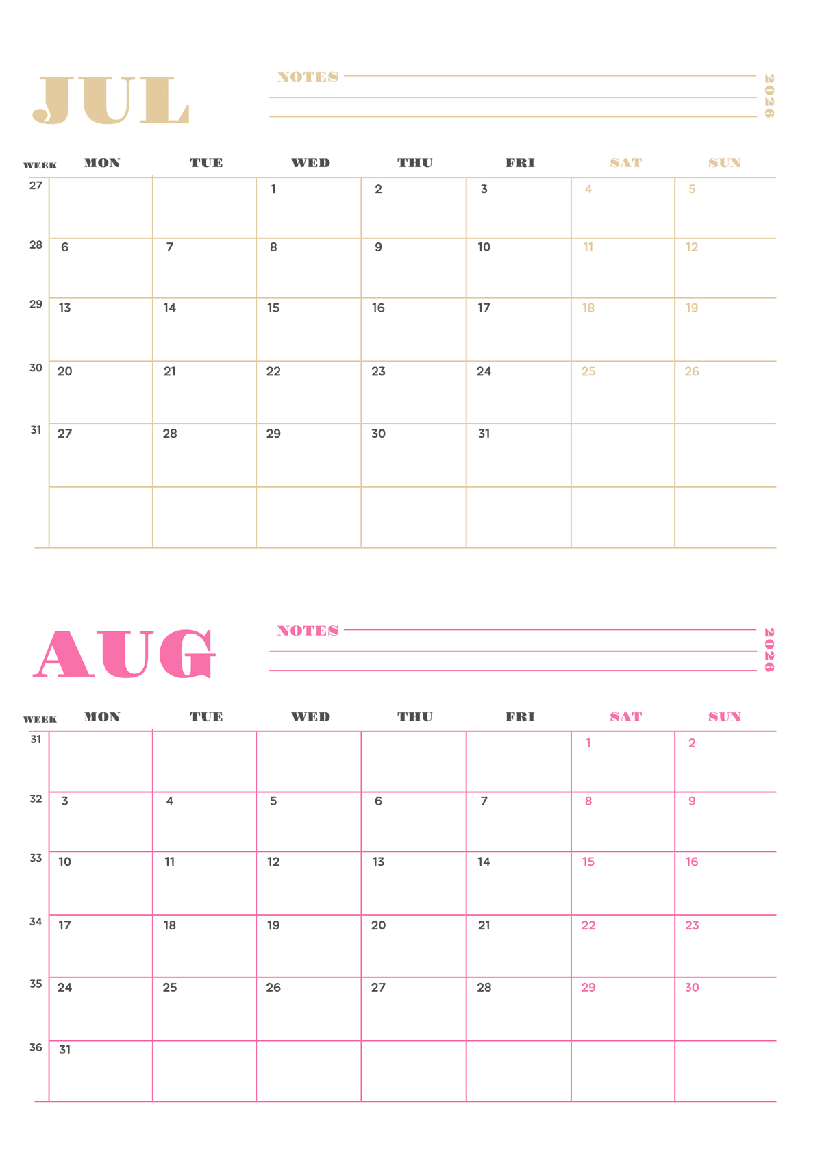 Colorful 2 Month Calendar