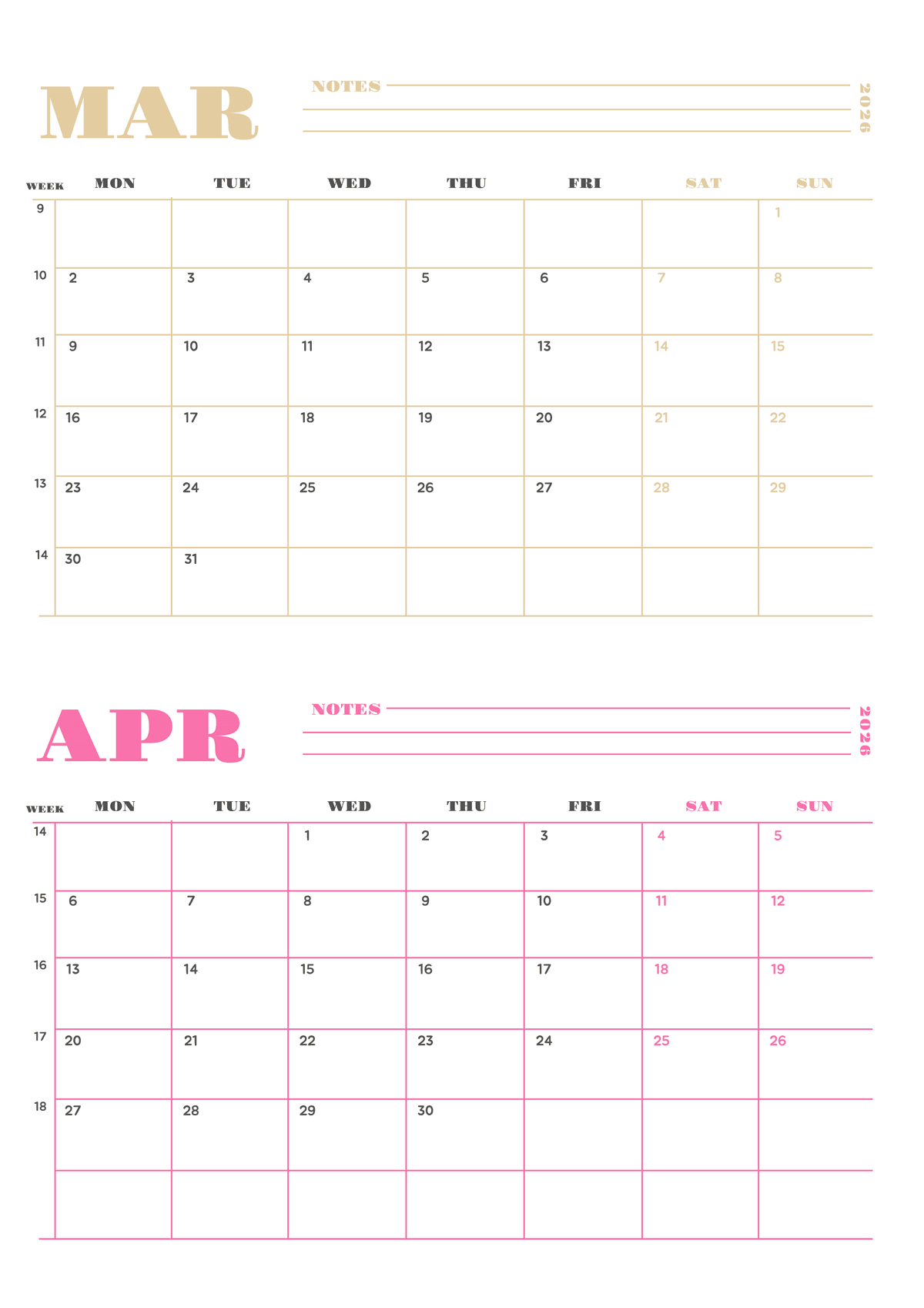 3 Month 2026 Calendar - April to June