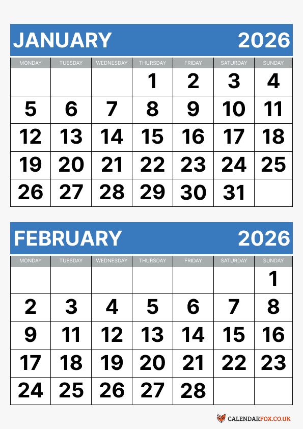 2 Month 2026 Calendar - January to February