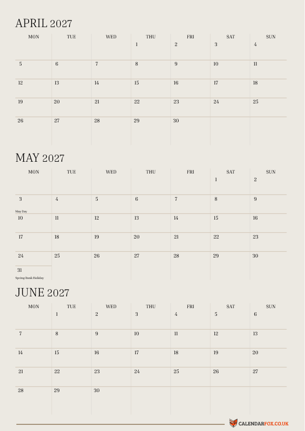 3 Month 2027 Calendar - April to June