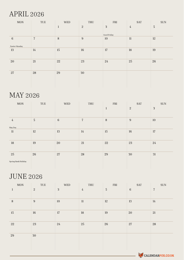 3 Month 2026 Calendar - April to June