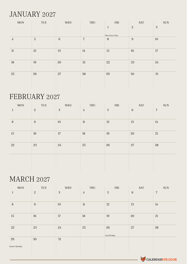 3 Month 2026 Calendar - January to March