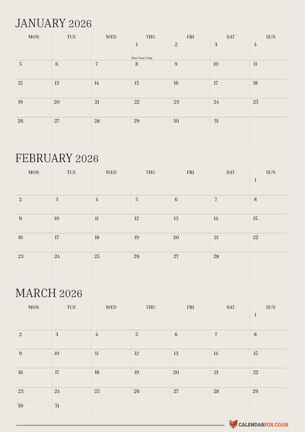 3 Month 2026 Calendar - January to March
