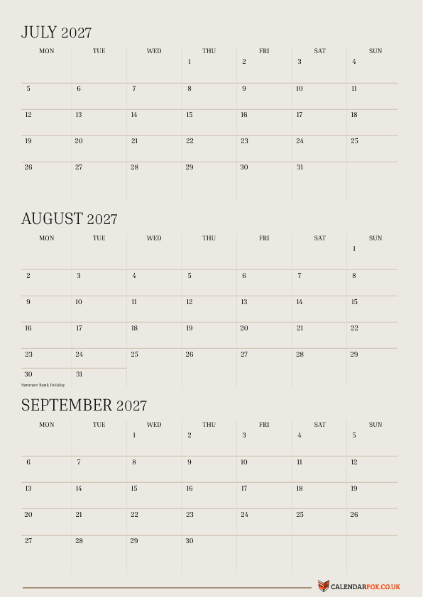 3 Month 2027 Calendar - July to September