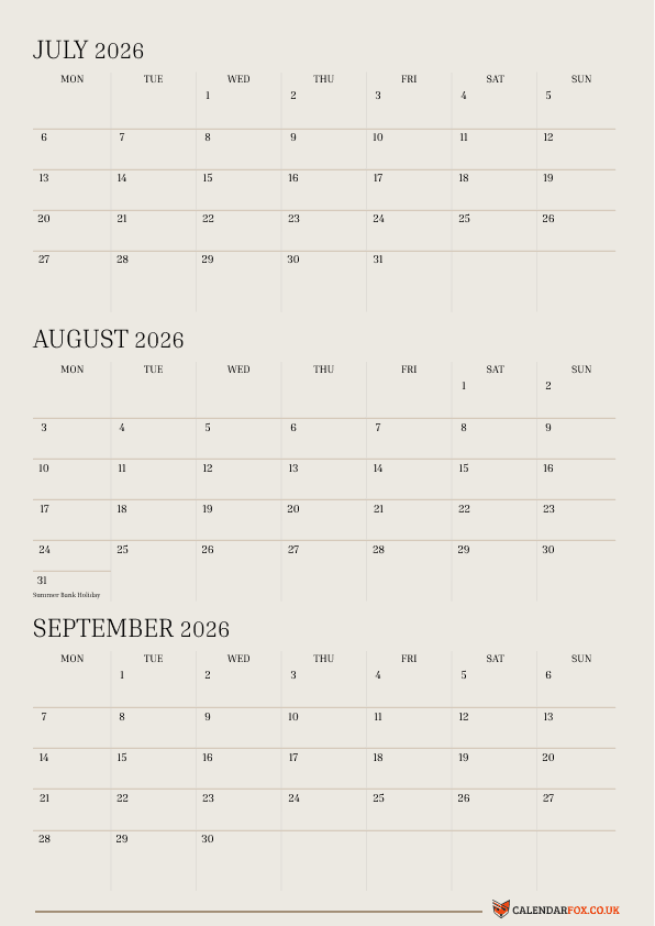 3 Month 2026 Calendar - July to September