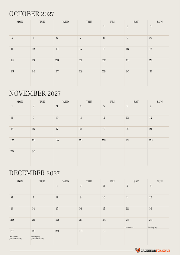 3 Month 2026 Calendar - October to December