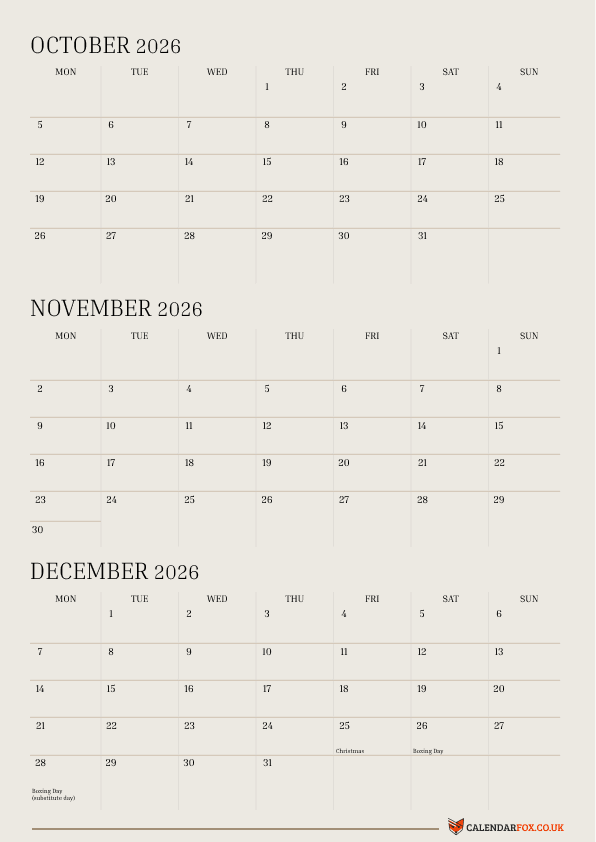 3 Month 2026 Calendar - October to December