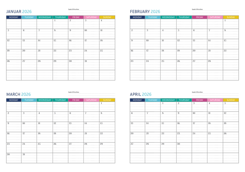 Rainbow Color - 4 Month Calendar