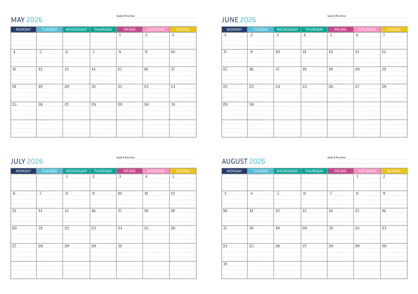 Rainbow Color - 4 Month Calendar
