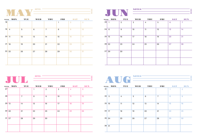 Colorful 4 Month Calendar