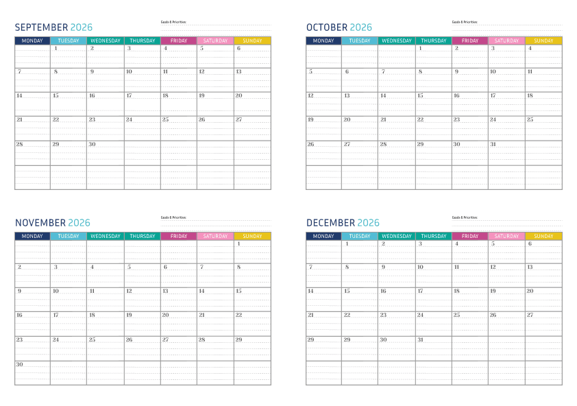 Rainbow Color - 4 Month Calendar