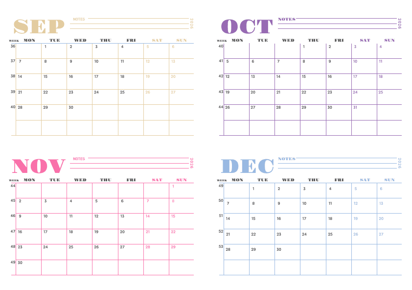 Colorful 4 Month Calendar