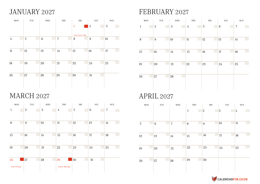 4 Month Calendars 2026 - January to April