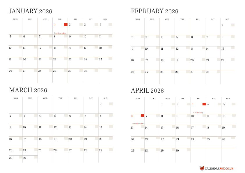 4 Month Calendars 2026 - January to April