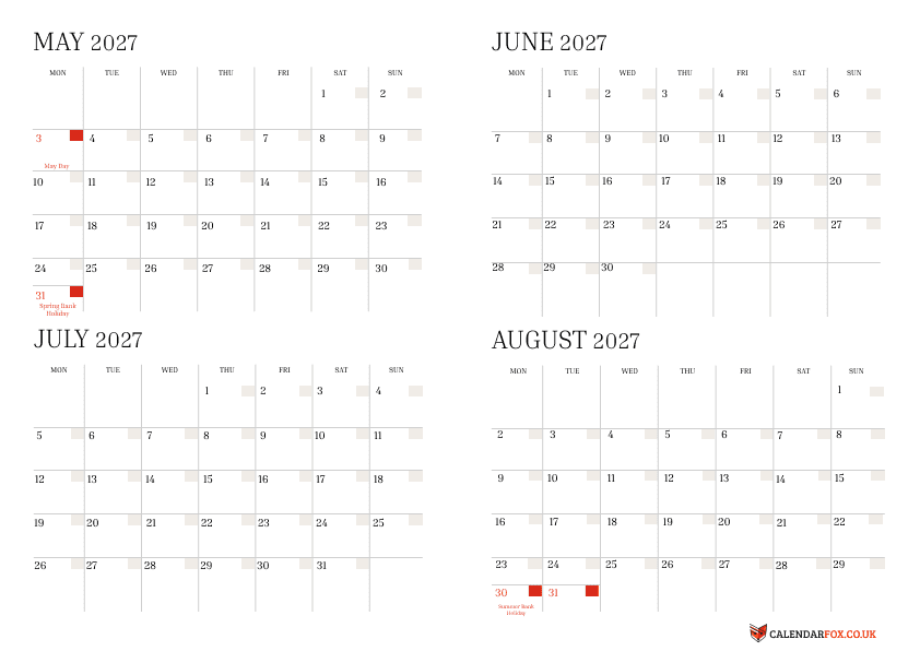 4 Month Calendars 2027 - May to August