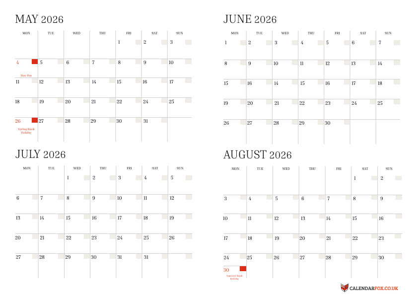 4 Month Calendars 2026 - May to August