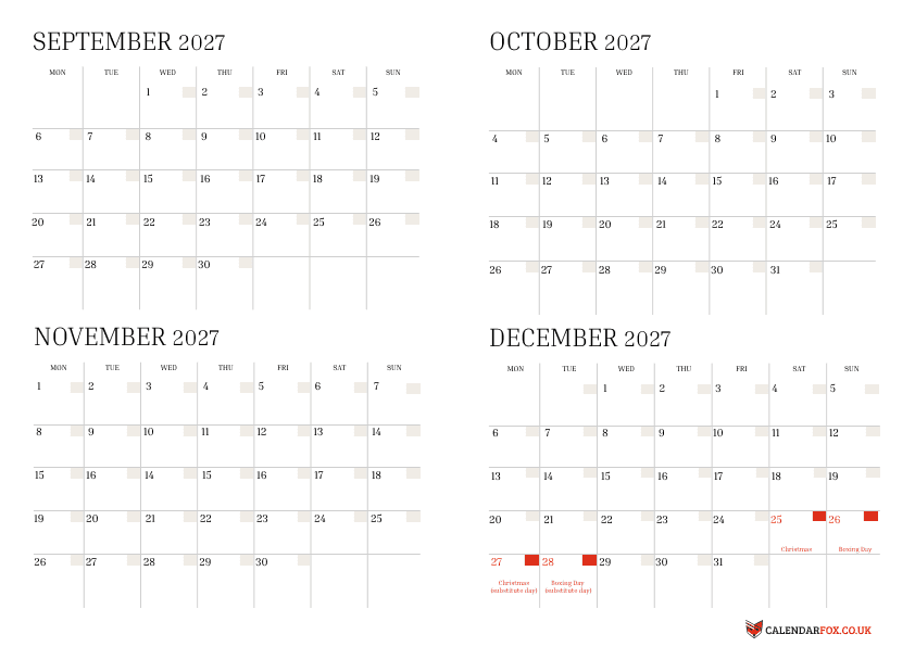 4 Month Calendars 2027 - September to December
