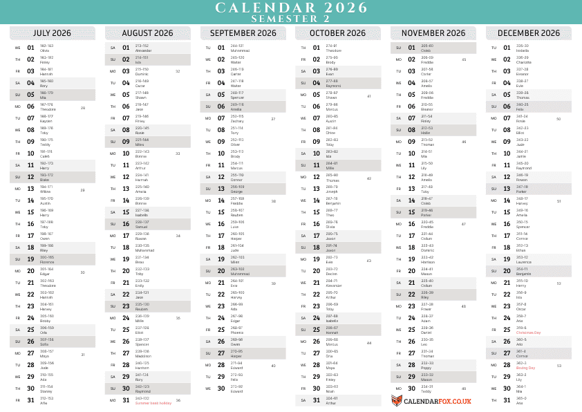 Tosca Color - July to Dec Calendar