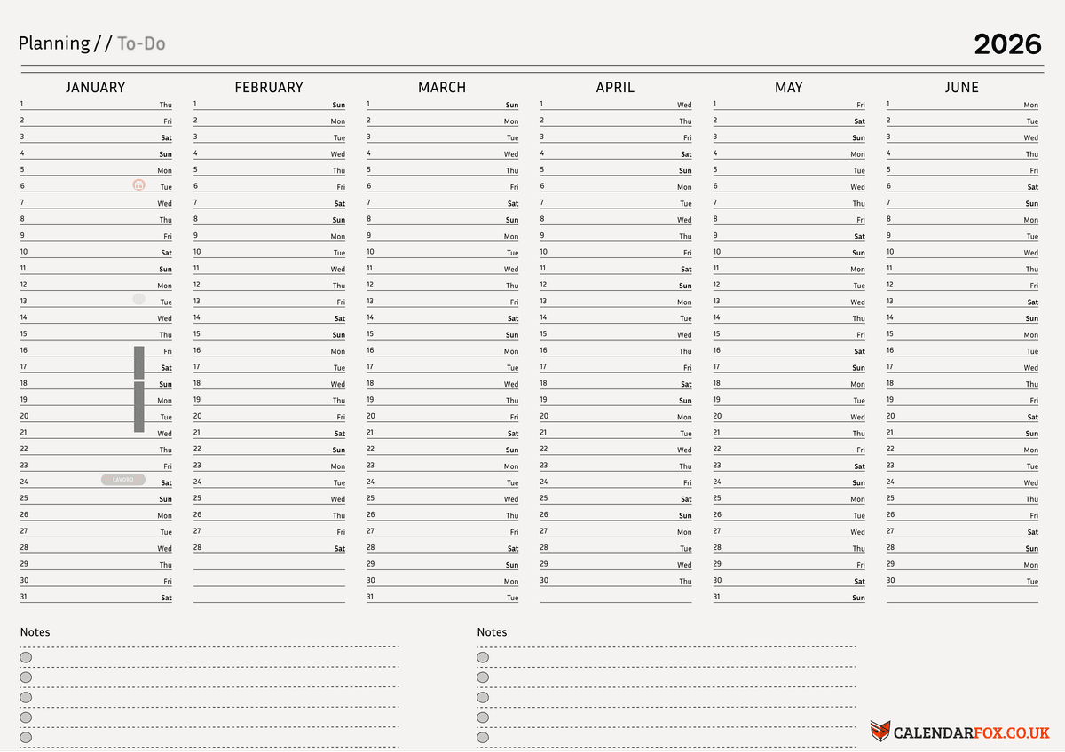 Minimalist Cream Six Month calendar