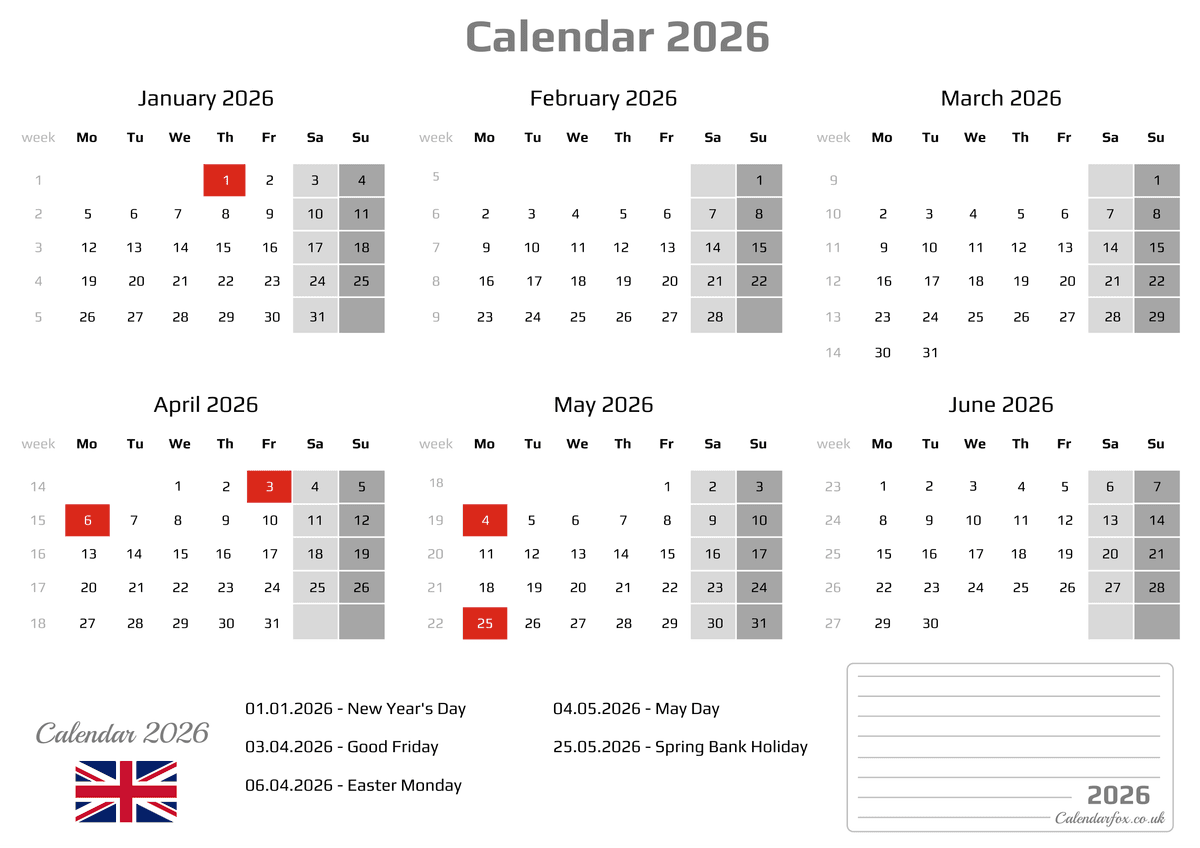 Six Month Calendar - January to June