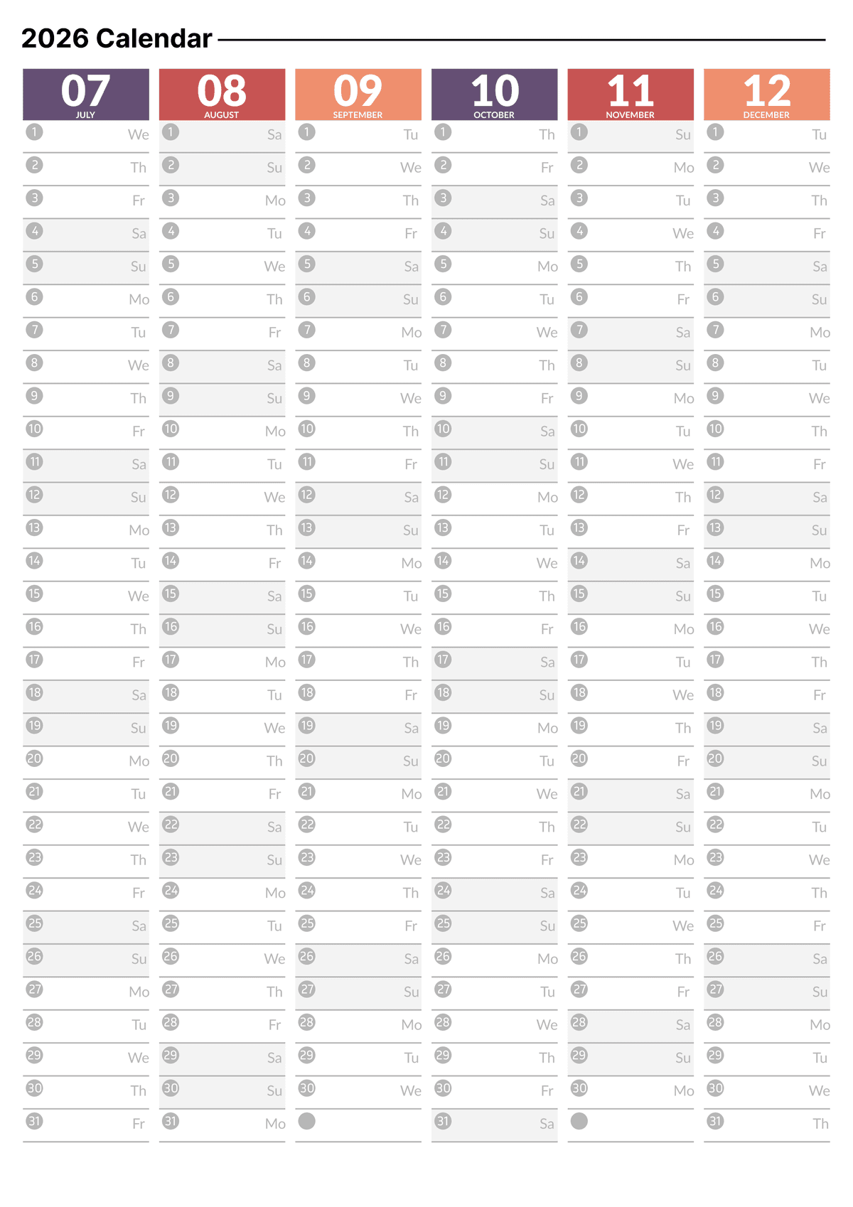 Rainbow Color - January to June Calendar