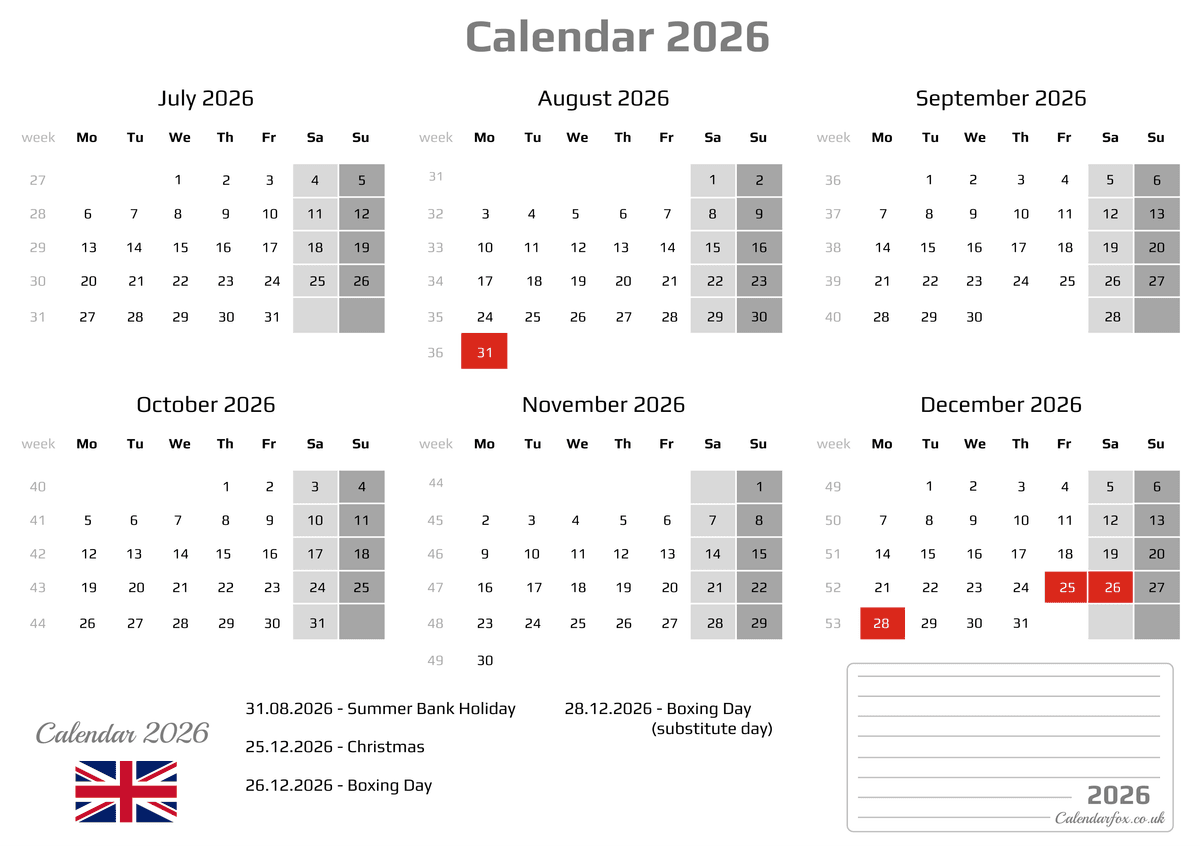 Six Month Calendar - July to Dec with Holidays