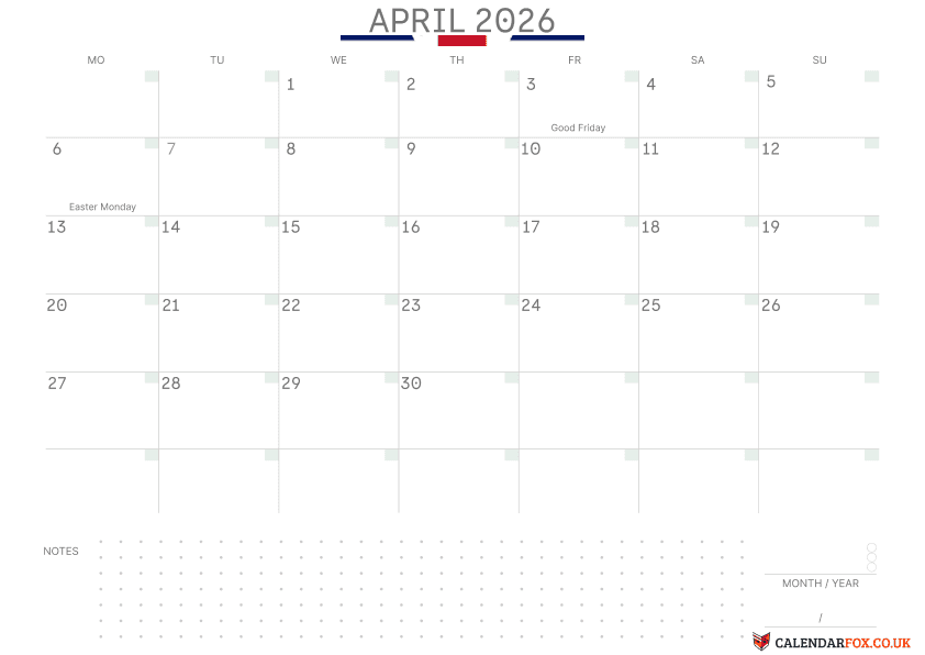 April Calendar with Notes