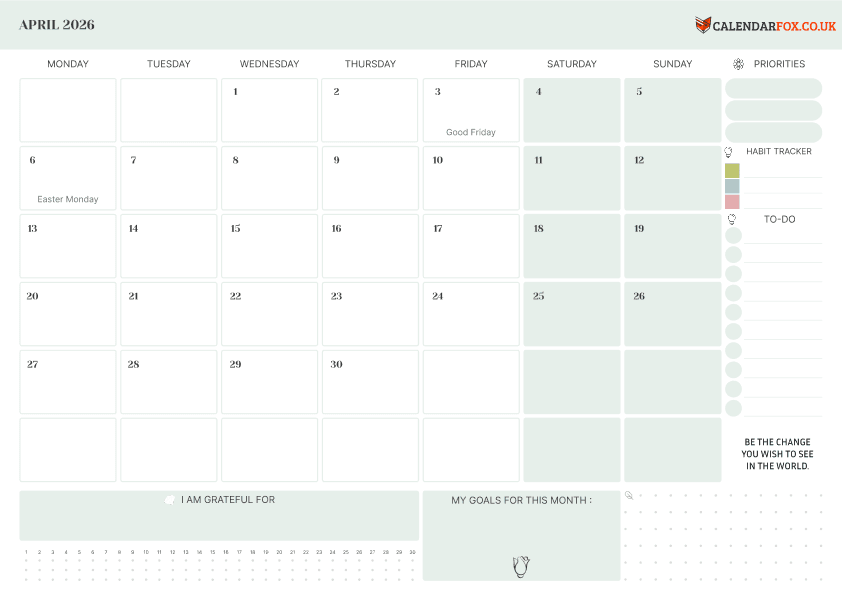 April Calendar with To Do List