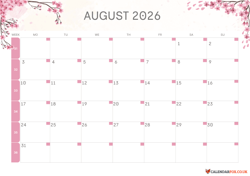 Calendar August Floral Theme 1