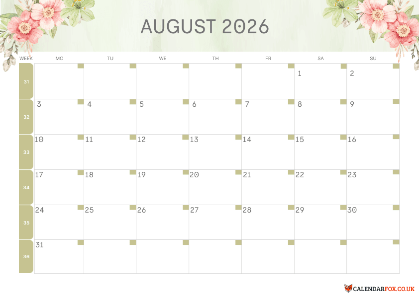 Calendar August Floral Theme 3