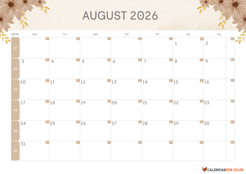 Calendar August Floral Theme 4