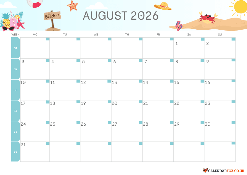 Calendar August Late Summer Theme 2