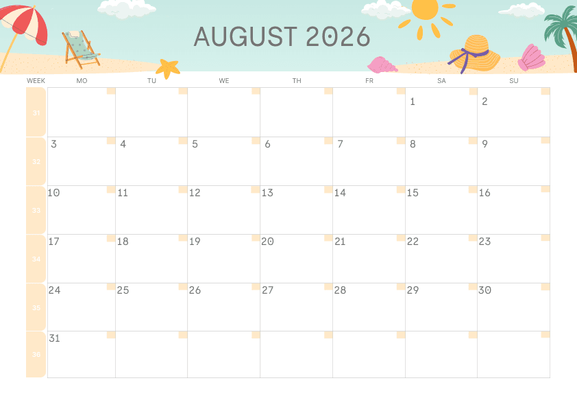 Calendar August Late Summer Theme 4
