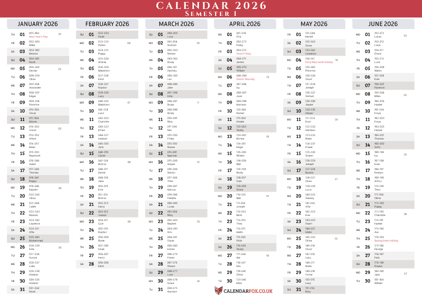 Six Month 2026 Calendar - Semester 1