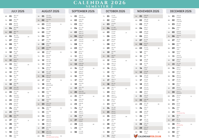 Six Month 2026 Calendar - Semester 2