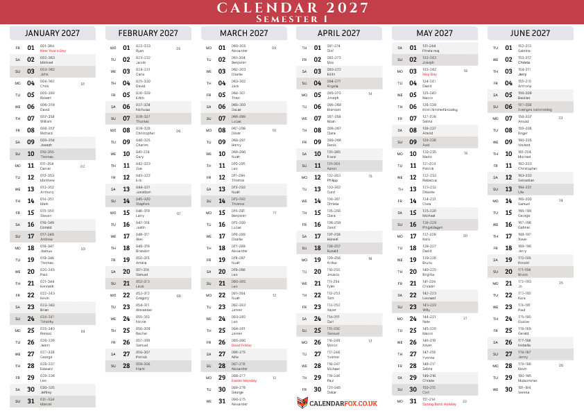 Six Month 2026 Calendar - Semester 1