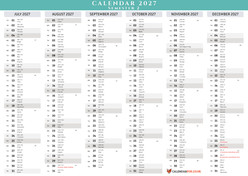 Six Month 2027 Calendar - Semester 2