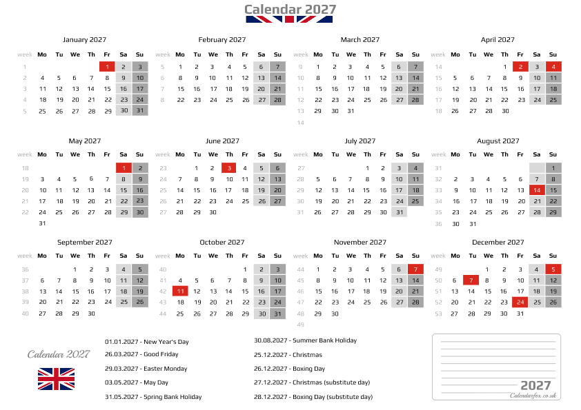Calendar 2027 with UK Holidays
