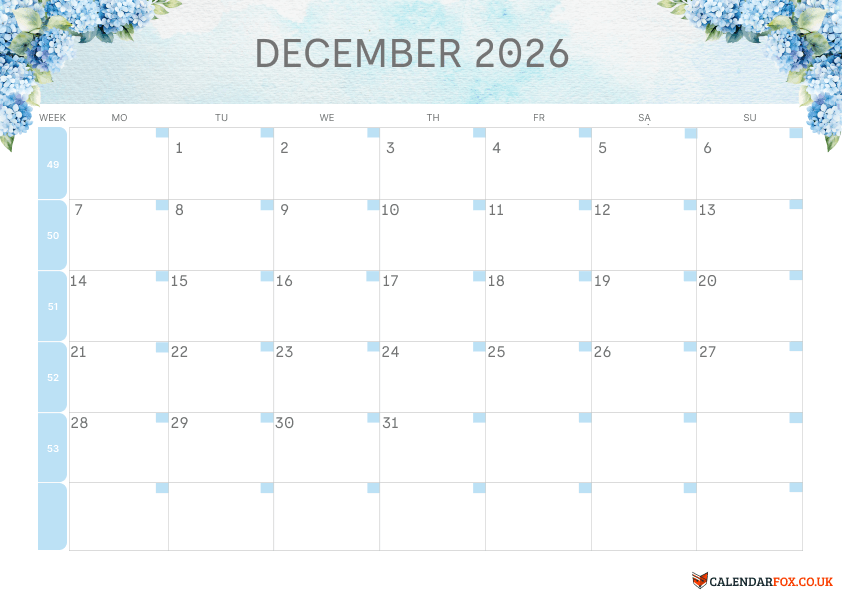 Calendar December Floral Theme 1