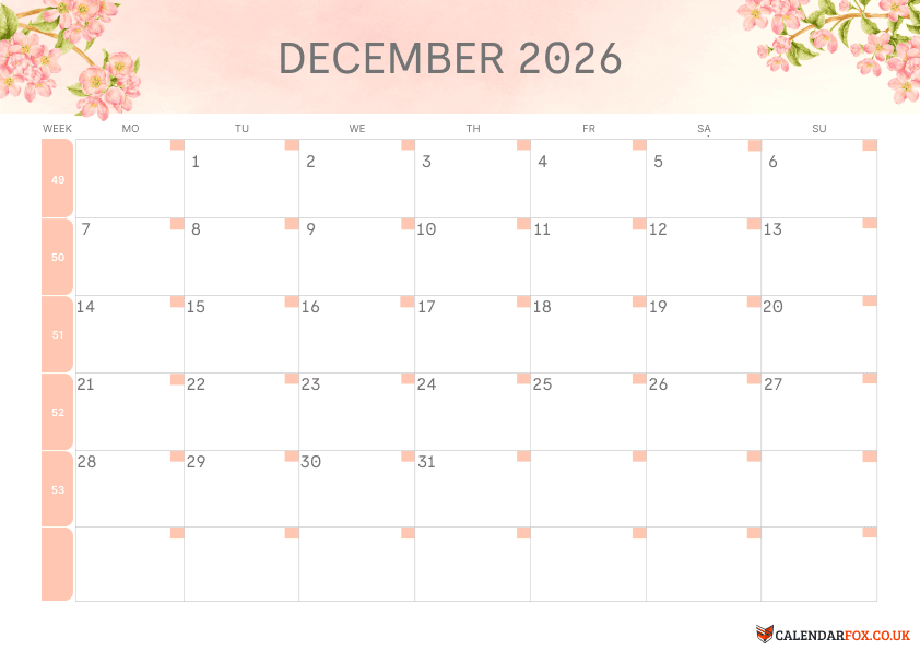 Calendar December Floral Theme 3