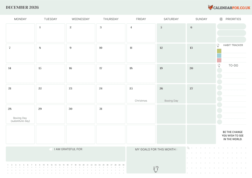 Calendar December with To Do List