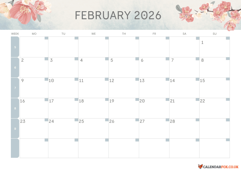 Romantic Floral February 2026 Printable Calendar