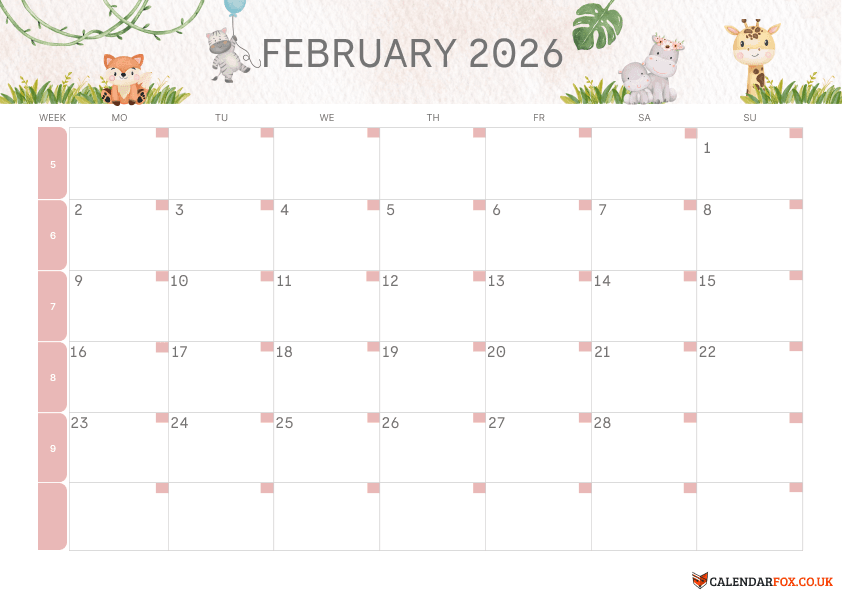 February 2026 Kids Animal Calendar – Cute Safari Theme Printable