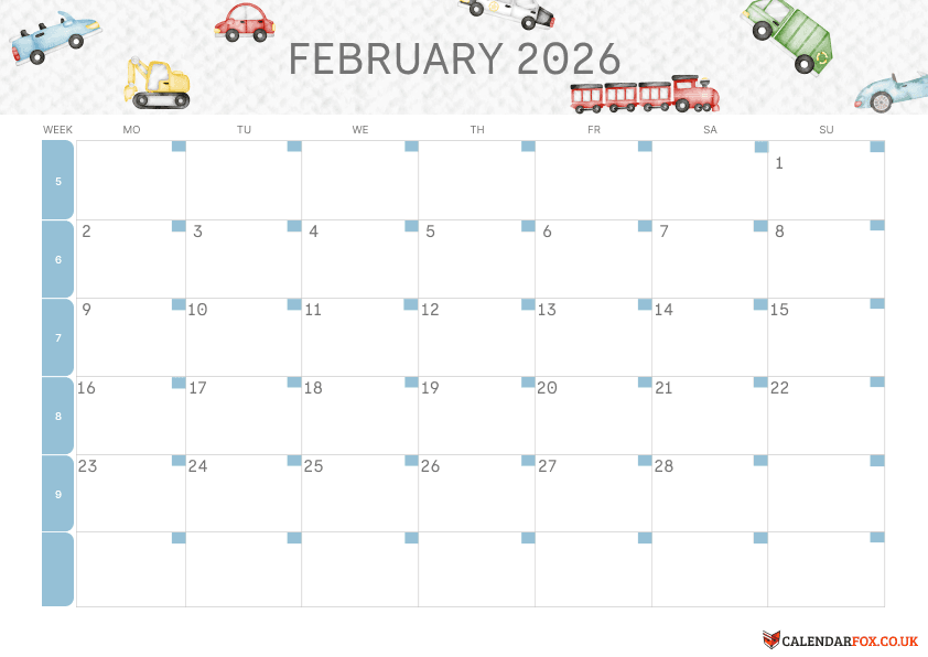 Cute Vehicles February 2026 Printable Calendar