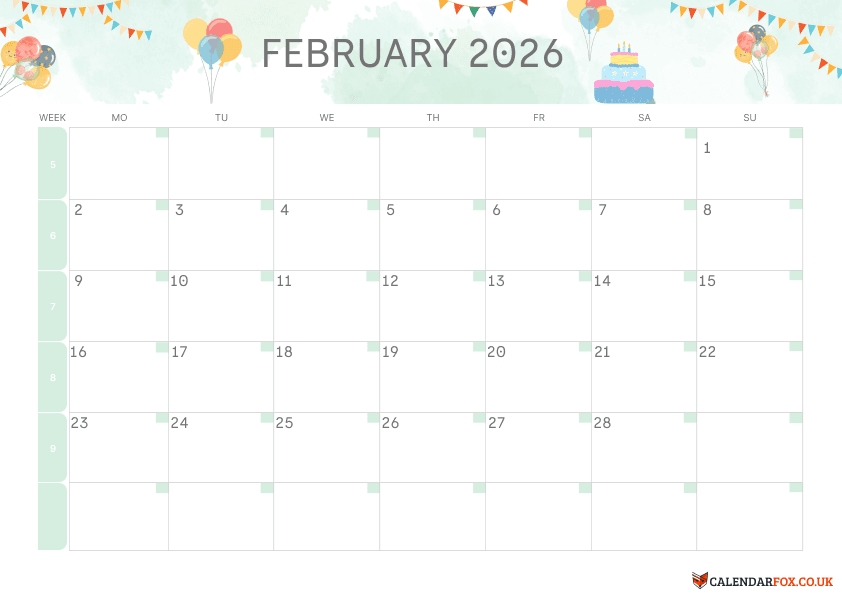 Birthday Party February 2026 Printable Calendar