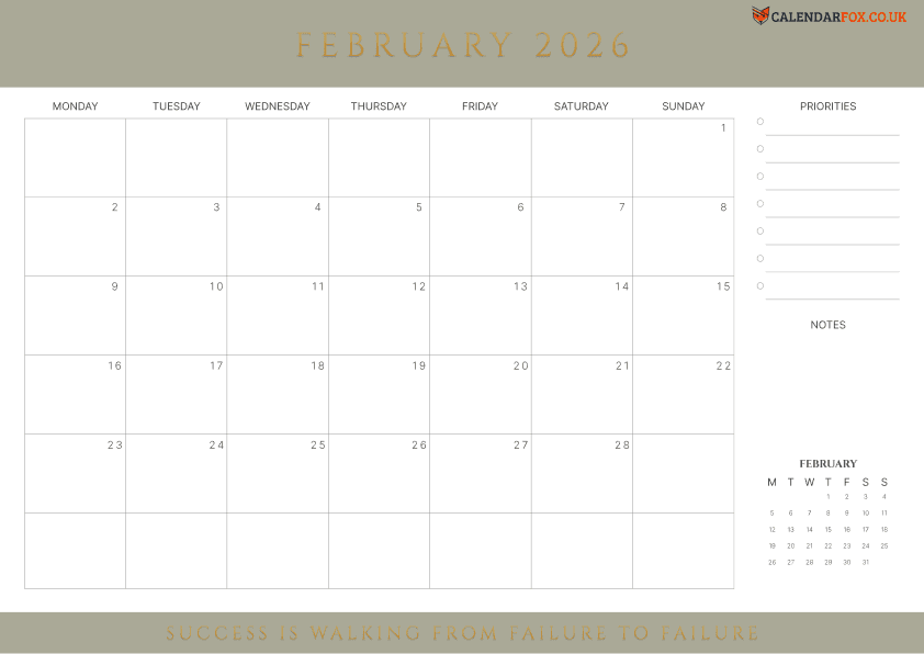 Taupe February calendar with Inspirational Quote