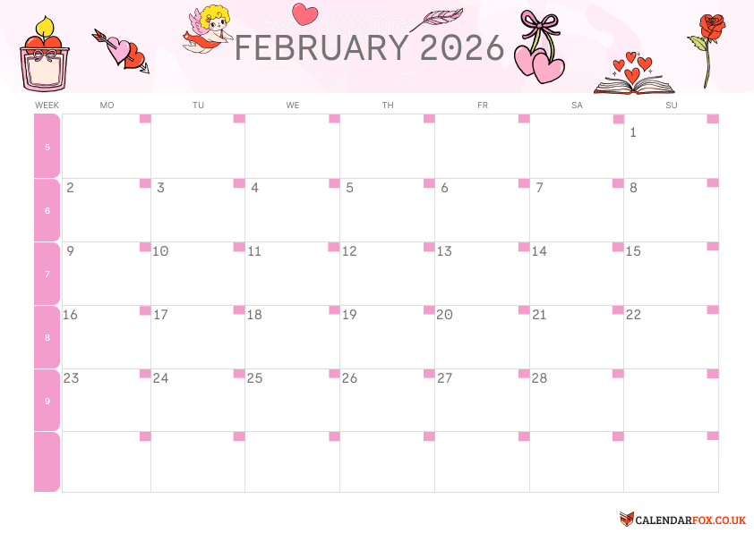 February Calendar with Cute Cupid & Red Rose