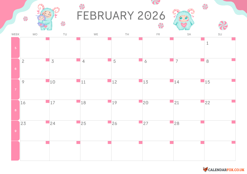 Pink Pastel February 2026 Calendar – Cute Cartoon & Candy