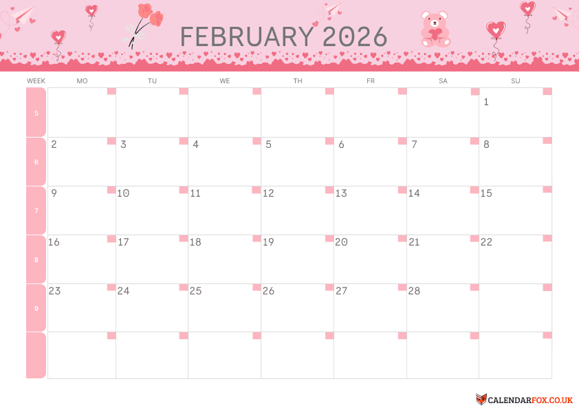 February 2026 Valentine Calendar – Cute Pink Heart Theme