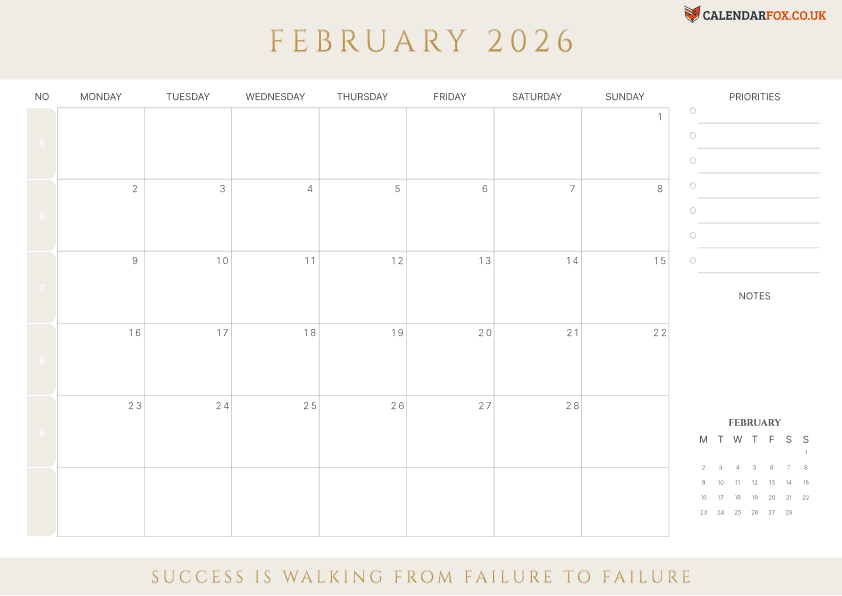 Blank February calendar